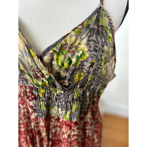 Vintage Boho Red, Yellow & Grey Paisley Floral Shirred Tiered Midi Dress - Picture 4 of 6